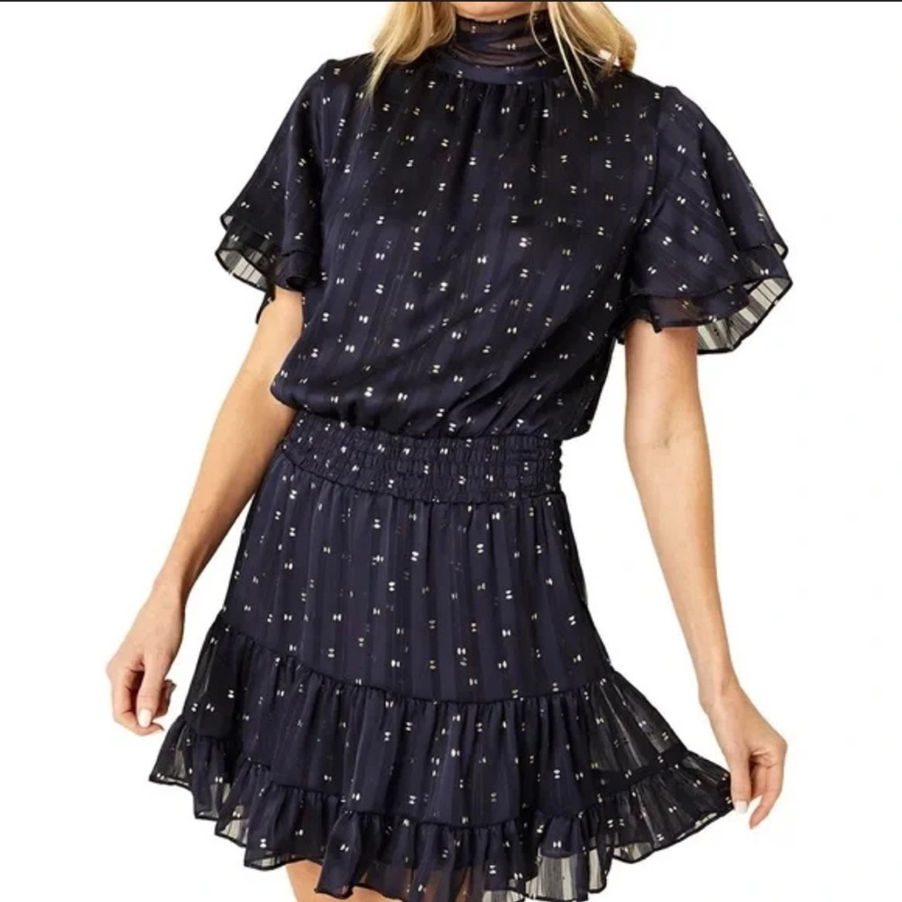 Misa Los Angeles Saffie Navy/Gold Mini Dress with Flutter Sleeves